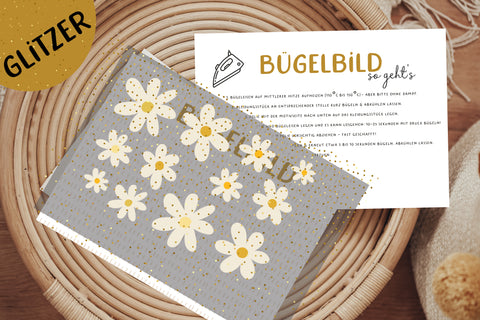 Glitzer Bügelbild Blumen Konfetti Gänseblümchen