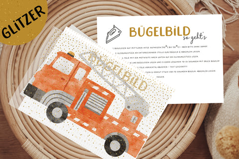 Glitzer Bügelbild Feuerwehr Auto