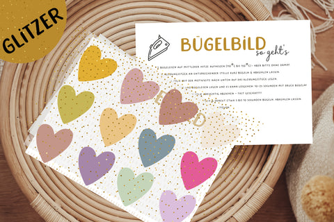 Glitzer Bügelbild Herzen Pastell Konfetti