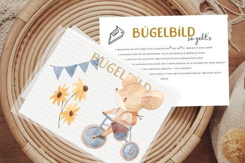 Bügelbild Maus Mäusekind Dreirad Wimpel